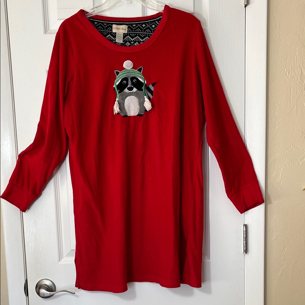 Country door Y2K fleece pajama dress VTG racoon animal embroidered tassels LG